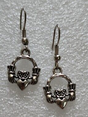 Hand Crafted Silver Claddagh Dangle Earrings